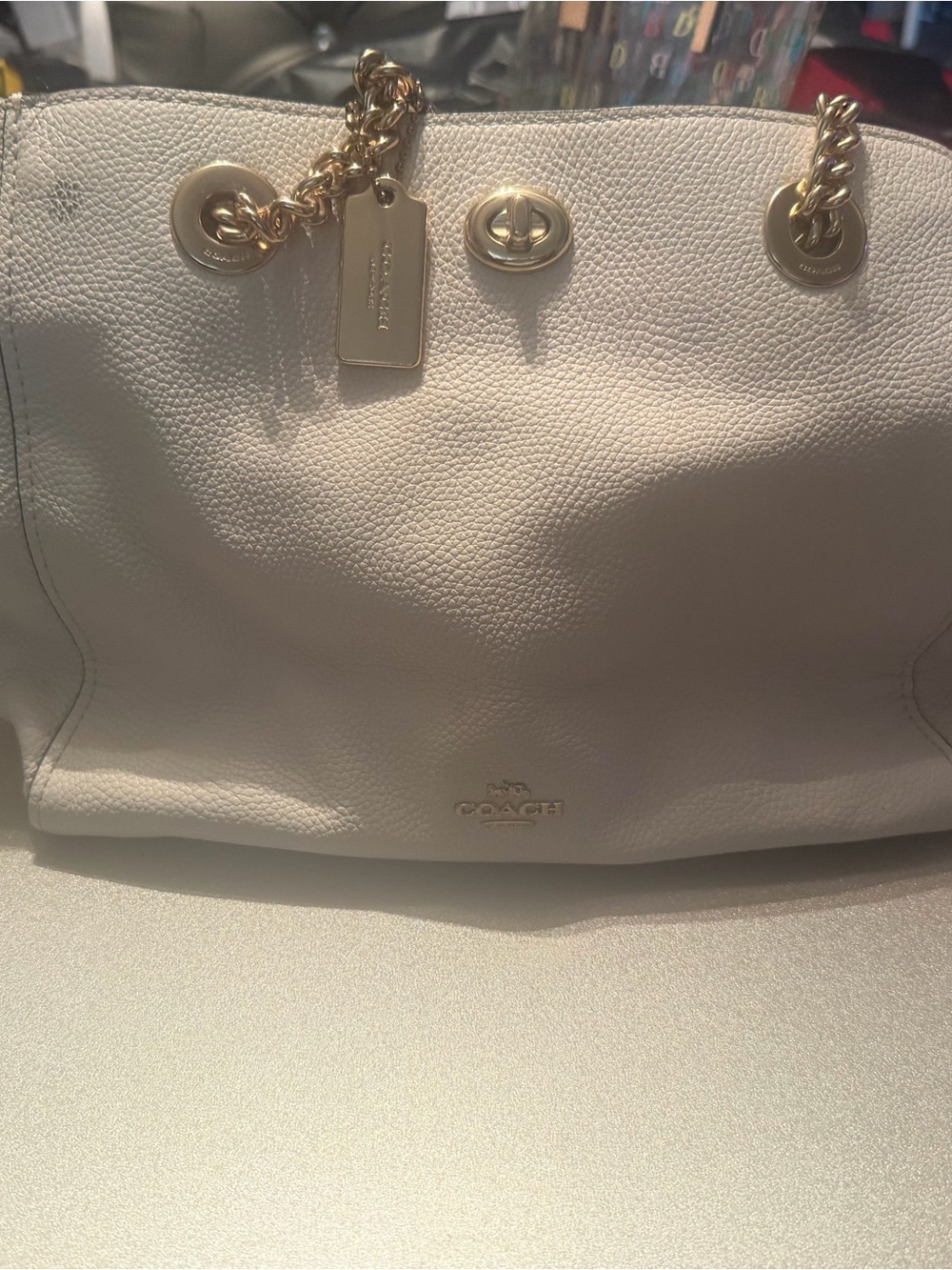 Coach Cream Pebbled Leather Tote with Gold Chain Handles